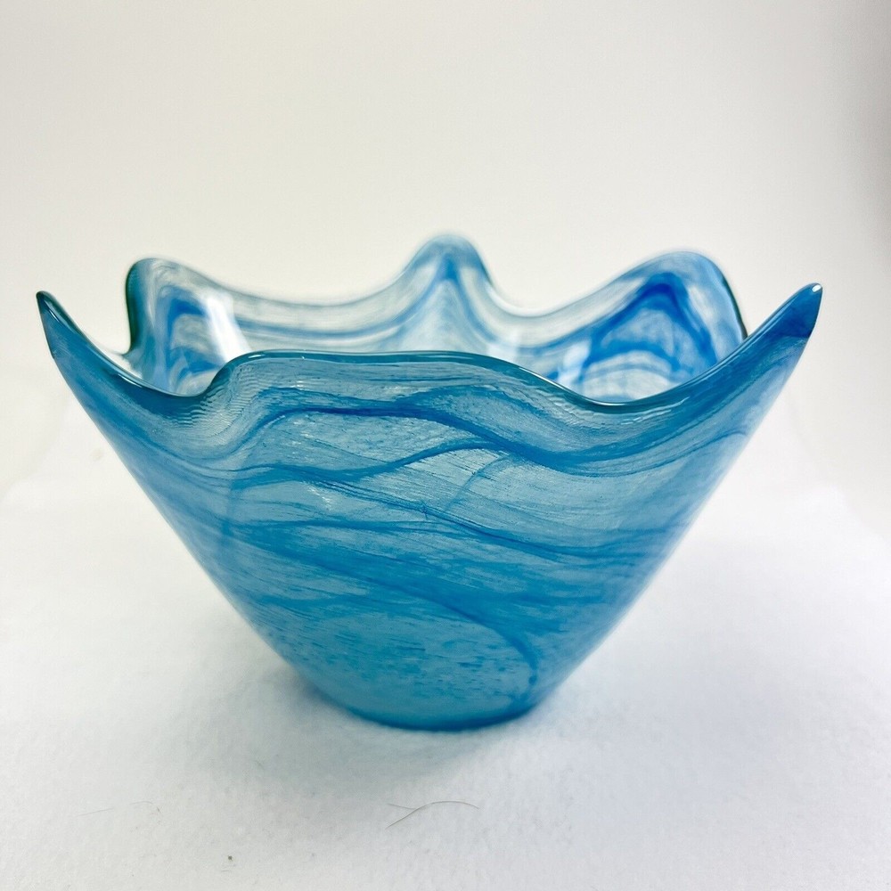 Large Hand Blown Glass Art Bowl Blue Swirl Scalloped Lotus Tulip Decorative
